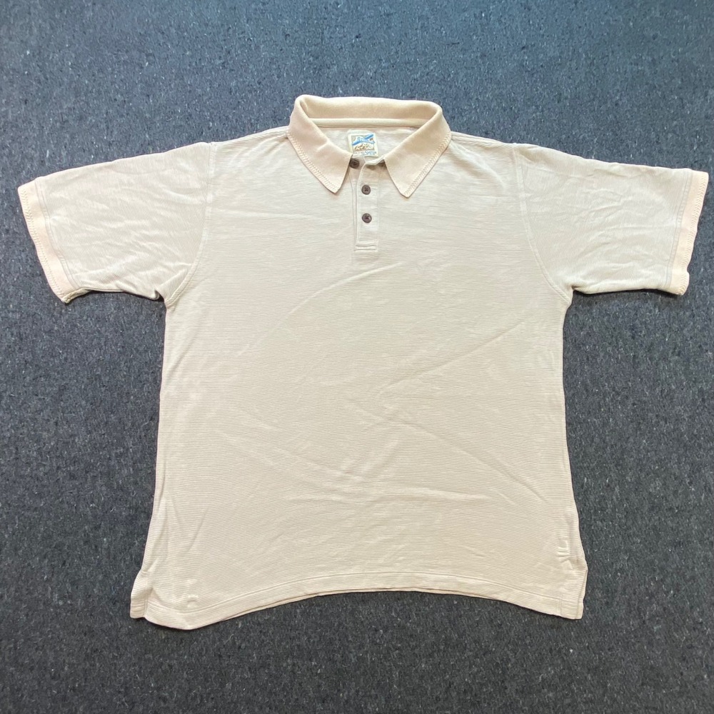 TravelSmith Gorpcore Mens L Beige Ribbed‎ Knit Short Sleeve Travel Polo Shirt